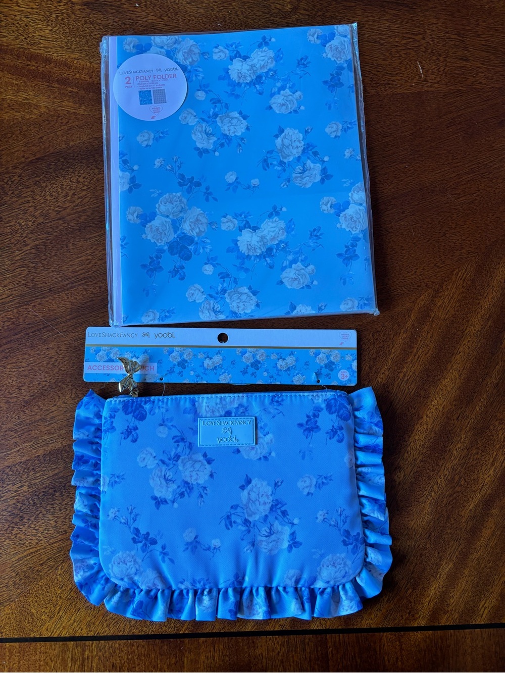 LoveShackFancy x Yoobi Blue Floral Ruffle Pouch and 2 Poly Folders